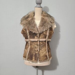 Heart Moon Star Faux Fur Trimmed Vintage Brown Vest‎ Large